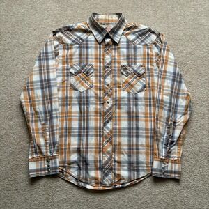 Vtg Wrangler Shirt Mens Large Orange Blue Plaid Western Pearl Snap Cowboy Rodeo